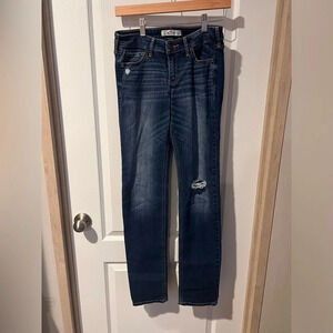Hollister California denim jeans with factory distressing. Single button.